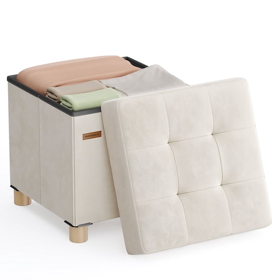 SONGMICS Small Storage Ottoman, Folding Ottoman Cube, 15 x 15 x 15.7 Inches, Footstool, Footrest, 9.8 Gal. (37 L), Velvet Surface, for Bedroom, Living Room, Dorm, Cappuccino Beige