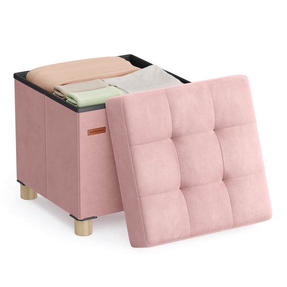 SONGMICS Small Storage Ottoman, Folding Ottoman Cube, 15 x 15 x 15.7 Inches, Footstool, Footrest, 9.8 Gal. (37 L), Velvet Surface, for Bedroom, Living Room, Dorm, Jelly Pink