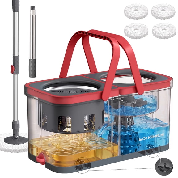 SONGMICS Spin Mop and Bucket Set, 4 Washable Microfiber Mop Heads, Wheels, Gray and Red