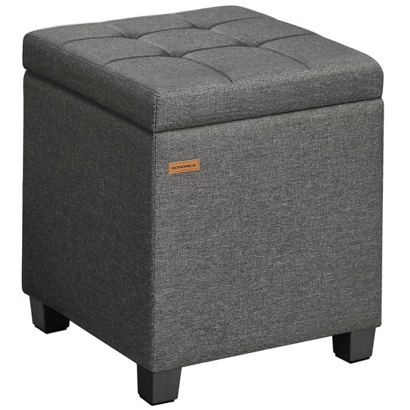SONGMICS Square Storage Ottoman, Foot Stool Footrest, Ottoman Cube with Hinged Lid, 16.9 x 16.9 x 18.1 Inches, Linen-Look Fabric, Slate Gray