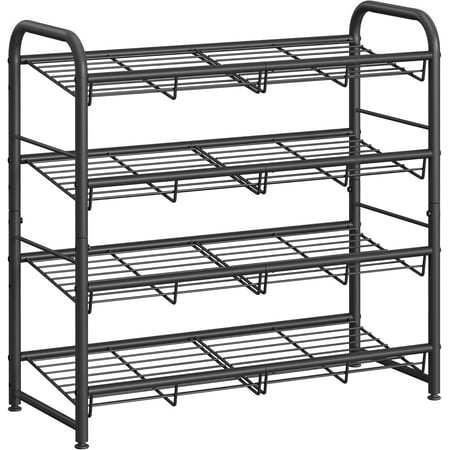 SONGMICS Stackable Shoe Rack, 4 Tier Metal Shoes Rack Storage Shelf, Holds up to 20 Pairs Shoes, Adjustable Slanted Shelves Shoe Tower Organizer for Closet Entryway Small Spaces, Black