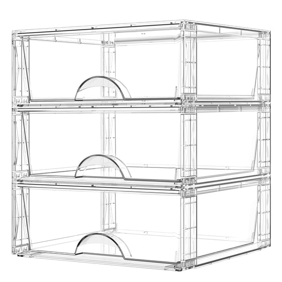 SONGMICS Stackable Storage Drawers, Clear Pull-Out Bins, 3 Pack, Under Sink Organizer, 15 x 12 x 5.7 in PET Plastic, Cream