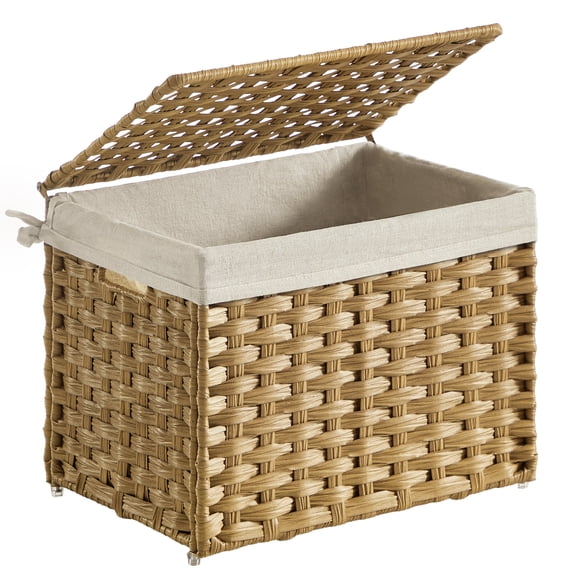 SONGMICS Storage Basket with Lid, Woven Blanket Storage Bin with Handles, Foldable, Removable Liner, Metal Frame, for Bedroom, Laundry Room, 9.2 Gallons (35 L), Natural