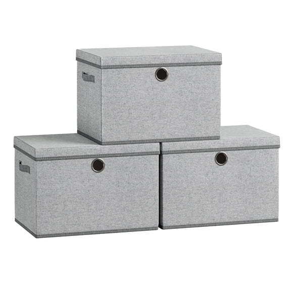 SONGMICS Storage Bins with Lids, 3 Pack Stackable Fabric Storage Boxes, Odorless PP Sheet, Foldable Cube Baskets Organizers with Handles, Dove Gray