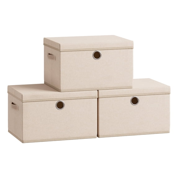 SONGMICS Storage Bins with Lids, 3 Pack Stackable Fabric Storage Boxes, Odorless PP Sheet, Foldable Cube Baskets Organizers with Handles, Summer Sand