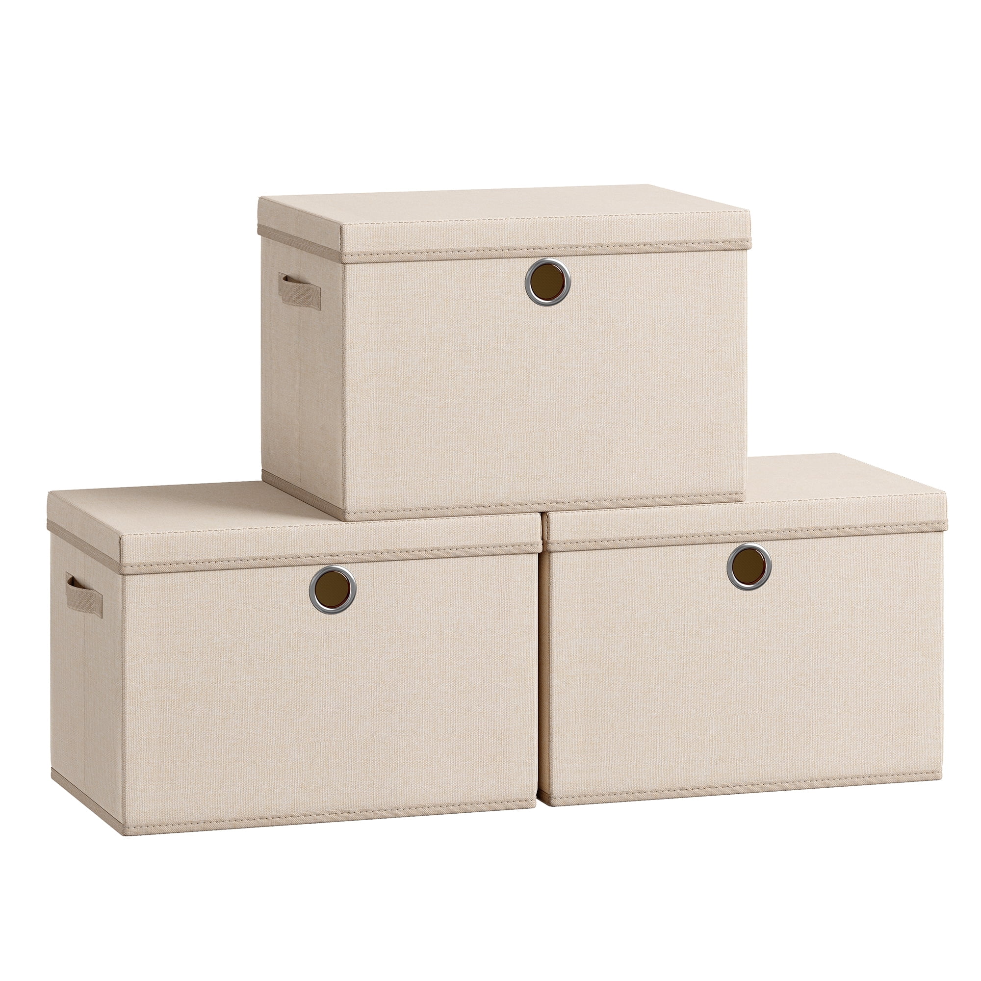 SONGMICS Storage Bins with Lids, 3 Pack Stackable Fabric Storage Boxes, Odorless PP Sheet, Foldable Cube Baskets Organizers with Handles, Summer Sand