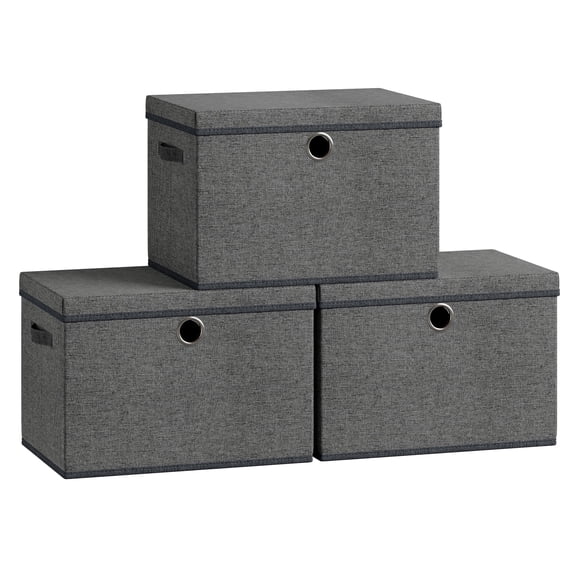 SONGMICS Storage Bins with Lids, 3 Pack Stackable Fabric Storage Boxes, Odorless PP Sheets, Foldable Cube Baskets Organizers with Handles, Slate Gray