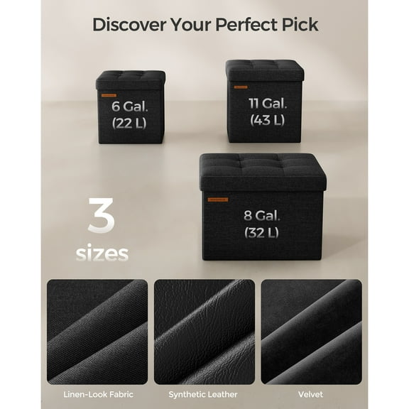 SONGMICS Storage Ottoman, 11.8 Inches Foot Stool, Cube Ottoman with Storage, Foldable Small Ottoman Foot Rest, Load up to 286 lb, Ink Black