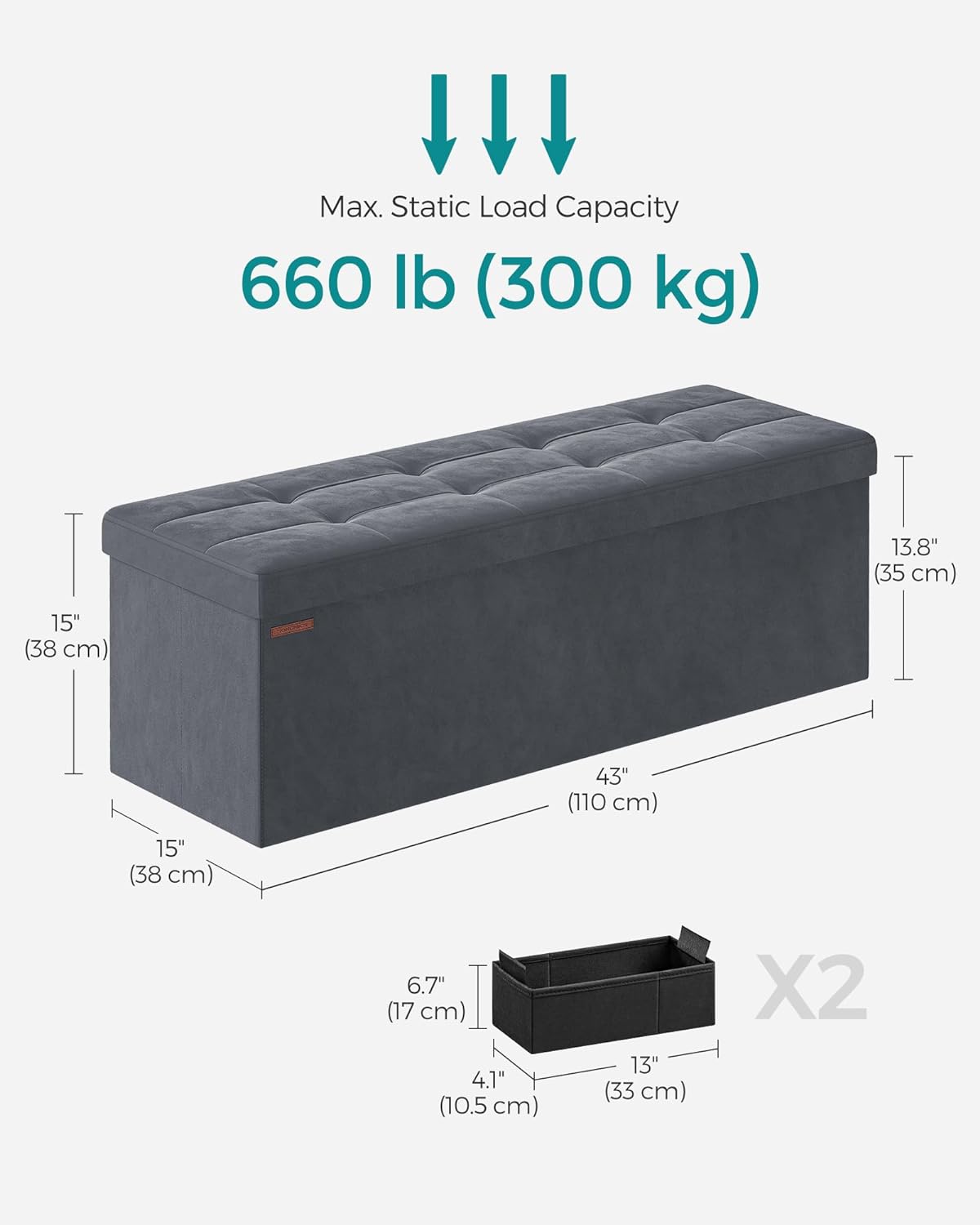 SONGMICS Storage Ottoman Bench, Foldable Ottoman Foot Rest, 15 x 43 x ...