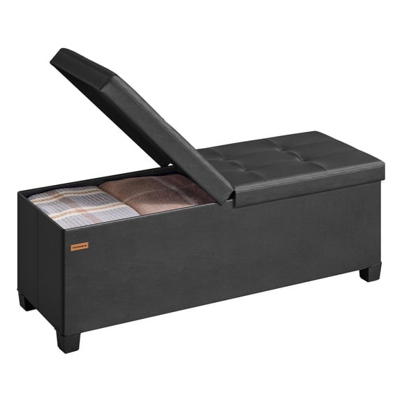 SONGMICS Storage Ottoman Bench with Legs, Folding Storage Chest with Flipping Lid, End of Bed Bench, for Living Room, Bedroom, Entryway, Synthetic Leather, 43.3 Inches, Ink Black