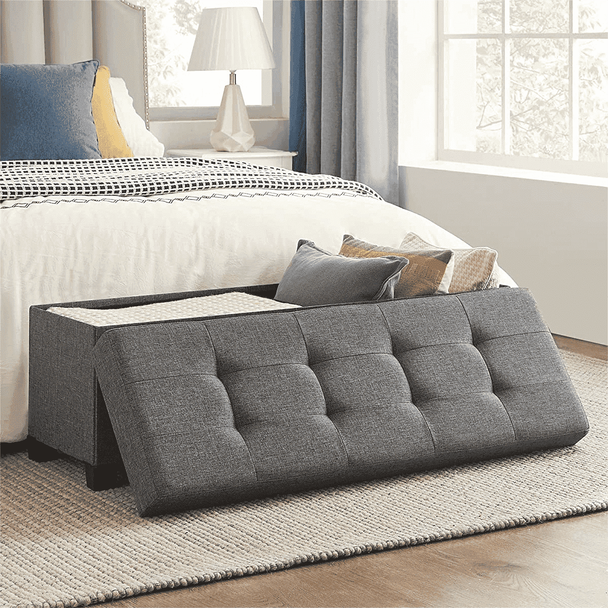 SONGMICS 43.3" Storage Ottoman Bench Ottoman with Storage CoEnd of Bed Storage Holds Up to 660 lb for Living Room Dark Gray