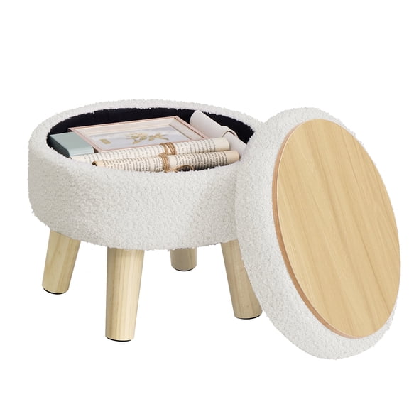 SONGMICS Storage Ottoman, Foot Stool, Round Ottoman with Padded Seat, Foot Rest with Wood Legs, Small Table, 12.2 Inches, Teddy Fleece, White