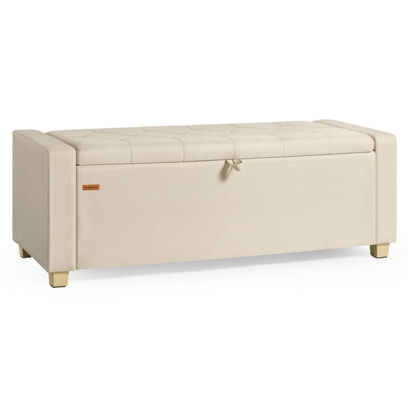 SONGMICS Storage Ottoman, Storage Chest Bench with Legs, End of Bed Bench with Safety Hinges, Pull Tab, Linen-Look Fabric, Summer Sand