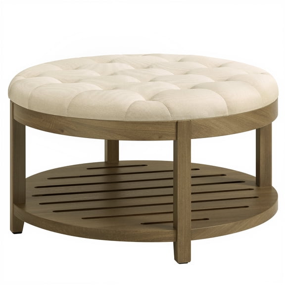 SONGMICS Storage Ottoman with Solid Wood Frame, Round Upholstered Ottoman Coffee Table, Footrest, Tufted Cushion, Easy Assembly, Summer Sand