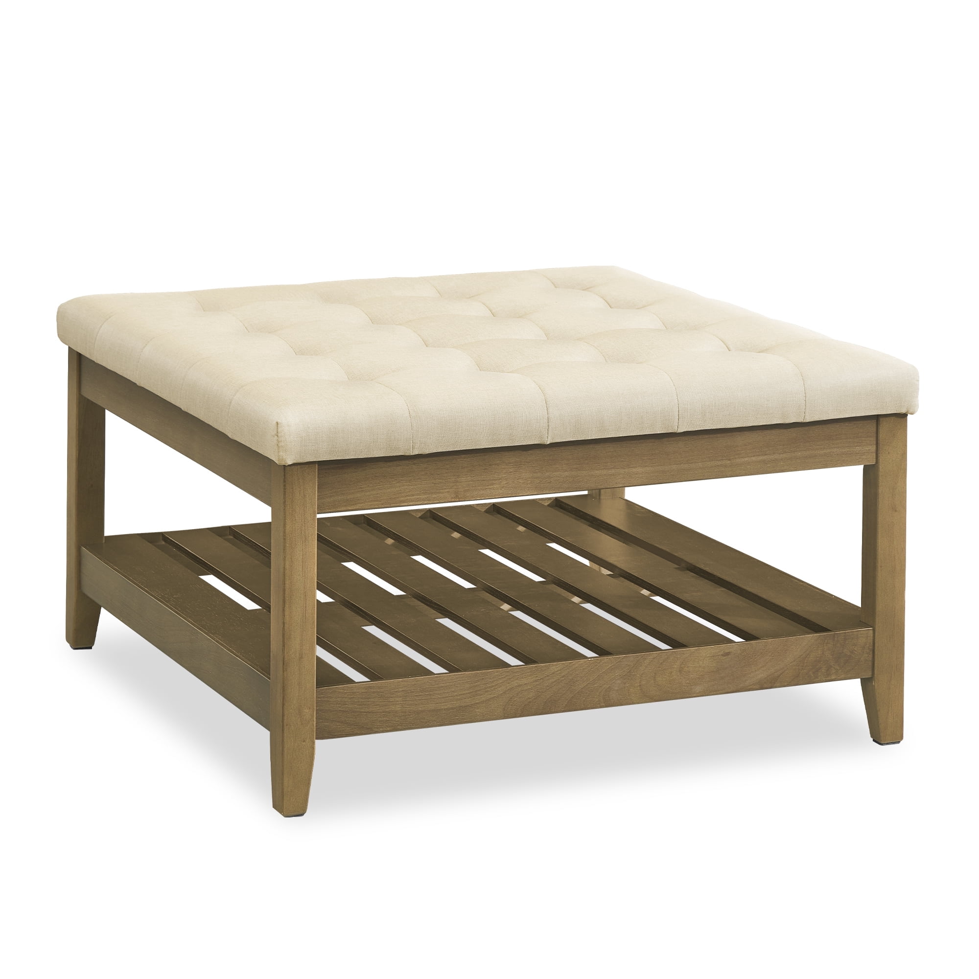 SONGMICS Storage Ottoman with Solid Wood Frame, Square Upholstered Ottoman, Footrest, Tufted Cushion, Easy Assembly, Summer Sand