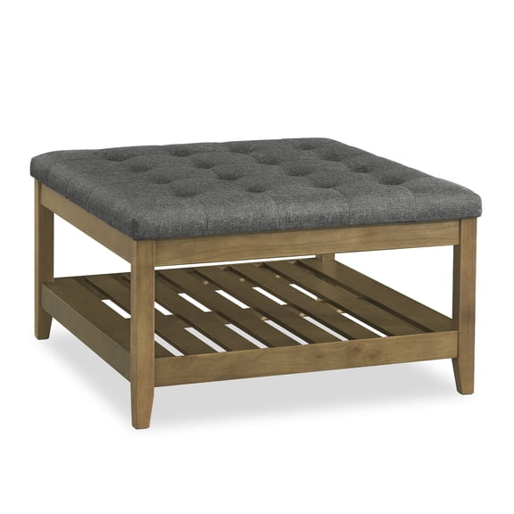 SONGMICS Storage Ottoman with Solid Wood Frame, Square Upholstered Ottoman, Tufted Cushion, Easy Assembly, 31.5 x 31.5 x 17.7 Inches, Slate Gray