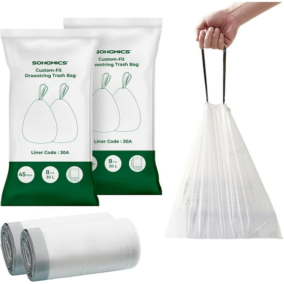 SONGMICS Trash Bags, Drawstring Kitchen s, Pre-Separated, Box-Free Pack, for 8-Gallon (30 L) Trash Cans, Liner Code 30A, 2 Rolls, 90 Count, White UKRB30A02