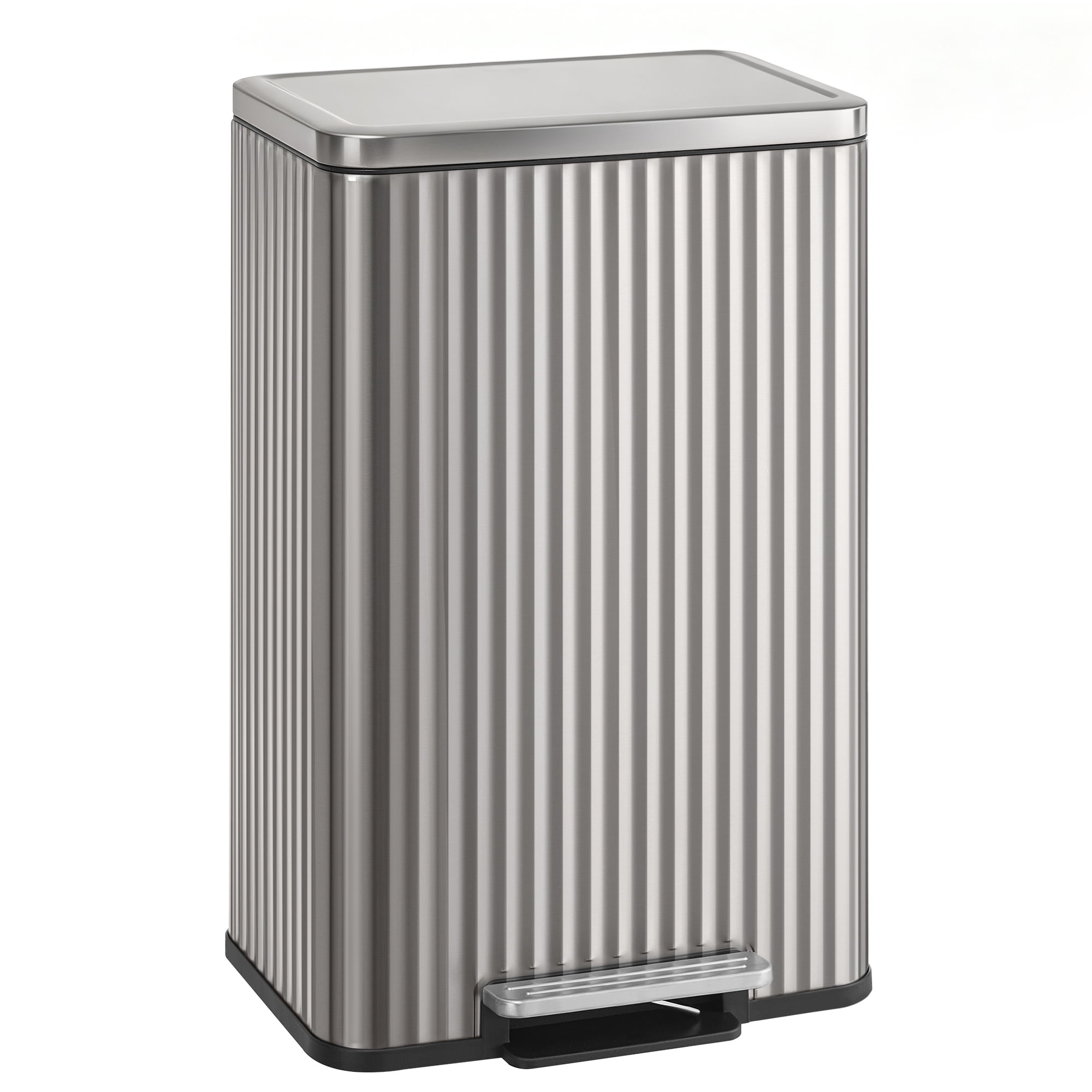 SONGMICS Trash Can, 13 Gallon (50 L) Garbage Can with Lid,Pedal,Removable Inner Bucket, Soft Close,15 Trash Bags Included,Metallic Silver