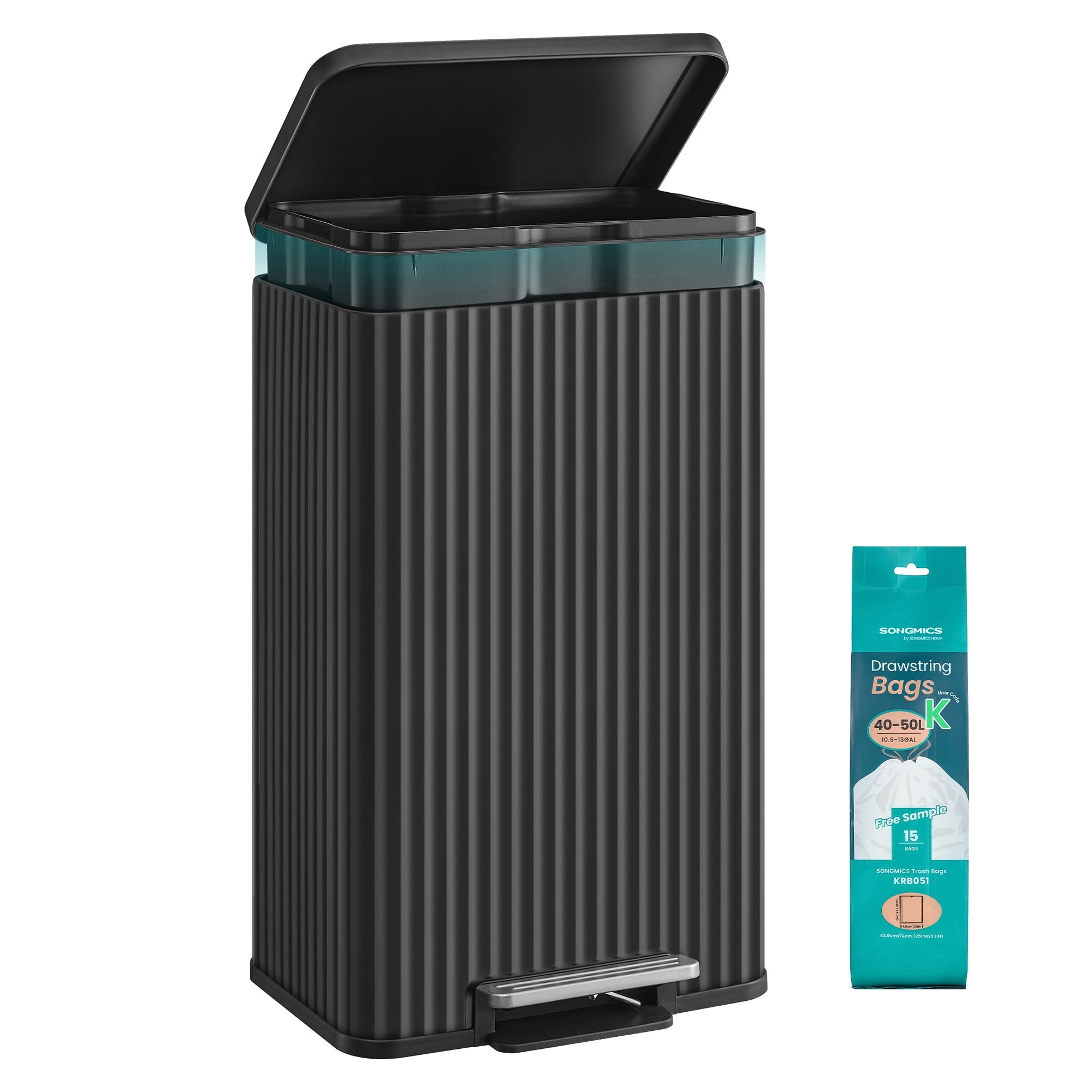 SONGMICS Trash Can, 13 Gallon (50 L) Garbage Can, with Lid, Pedal, and Removable Inner Bucket, Soft Close, Stainless Steel, 15 Trash Bags, Ink Black
