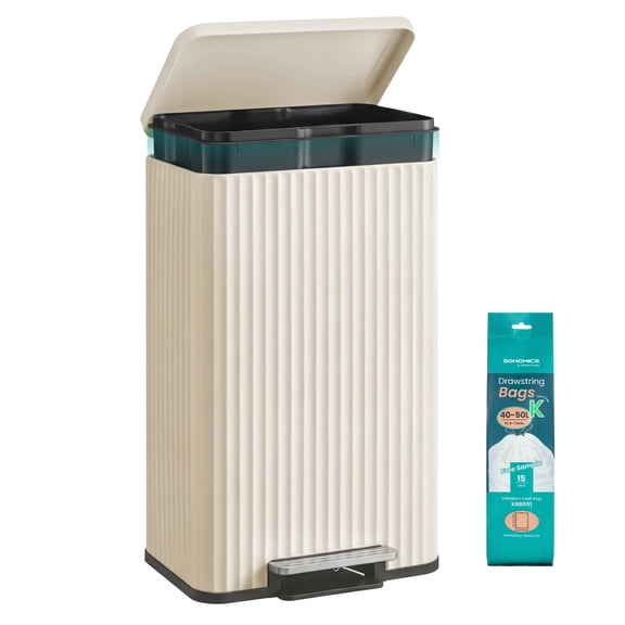 SONGMICS Trash Can, 13 Gallon (50 L) Garbage Can, with Lid, Pedal, and Removable Inner Bucket, Soft Close, Steel, 15 Trash Bags, Cream White