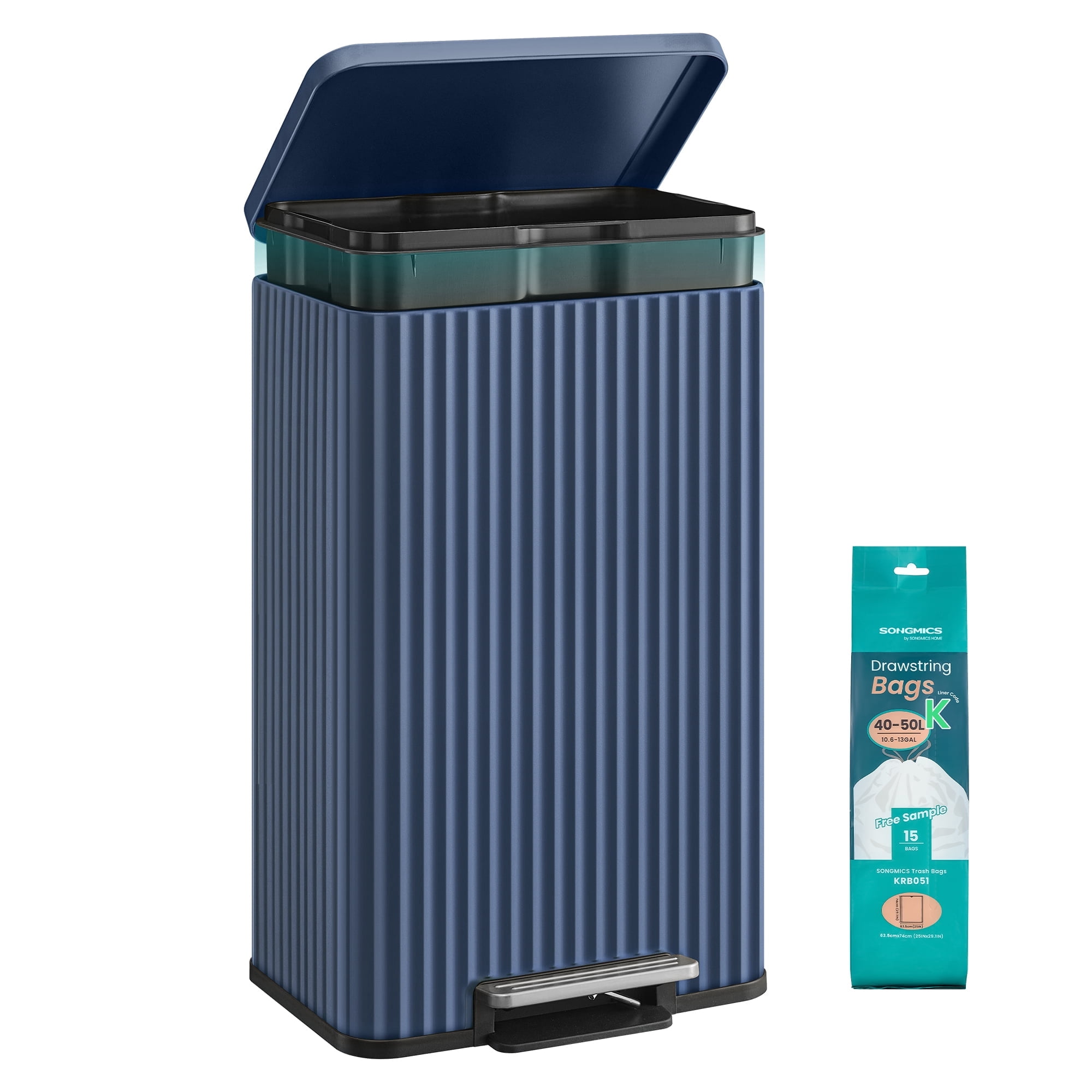 SONGMICS Trash Can, 13 Gallon (50 L) Garbage Can, with Lid, Pedal, and Removable Inner Bucket, Soft Close, Steel, 15 Trash Bags, Midnight Blue