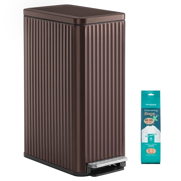 SONGMICS Trash Can, 13 Gallon (50 L) Slim Garbage Can for Kitchen, with Soft-Close Lid, Pedal, Removable Inner Bucket, Stainless Steel, 15 Trash Bags, Space-Saving, Brown