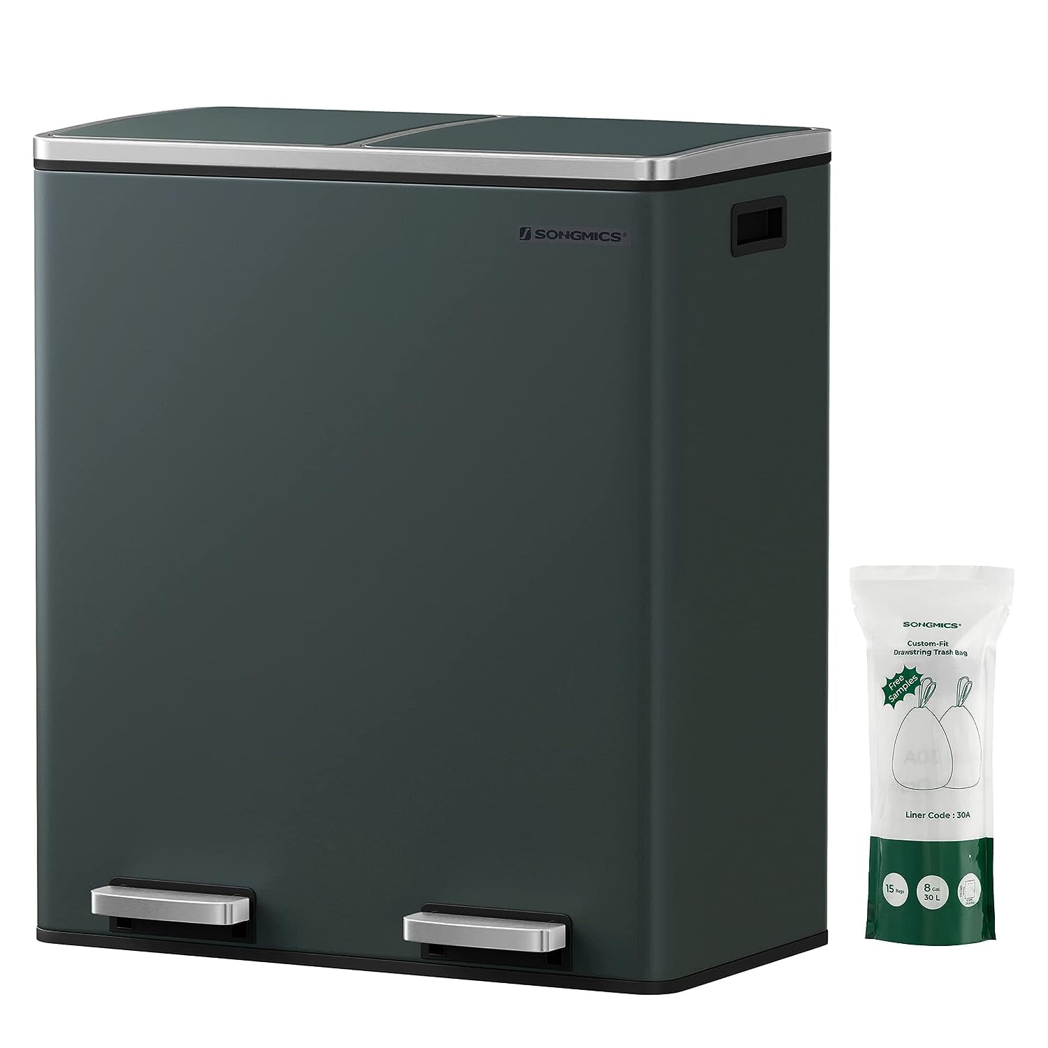 SONGMICS Trash Can, 2 x 8Gallon Garbage Can for Kitchen, with 15 Trash