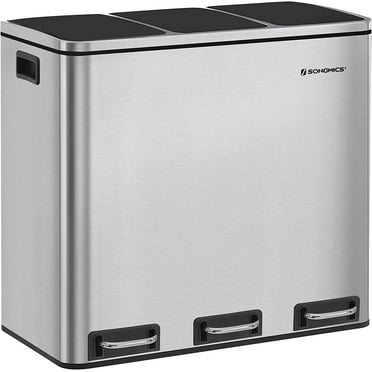 Trash Can 3 x 4.8 Gallon Kitchen Garbage Can 14.4 Gallon Recycle Bin with Soft-Close Lids Pedals and Inner Buckets for Kitchen Stainless Steel Silver and Black