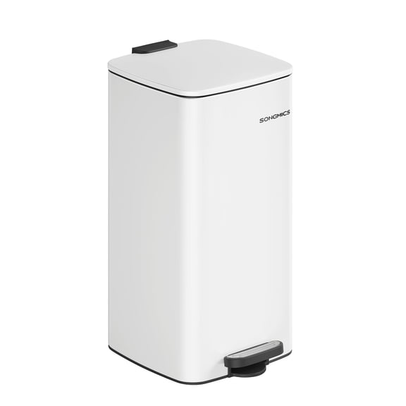 8-Gallon (30 L) Kitchen Trash Can, Trash Bin, Stainless Steel Garbage Can, with Inner Bucket, Soft Close and Stays Open, Cloud White