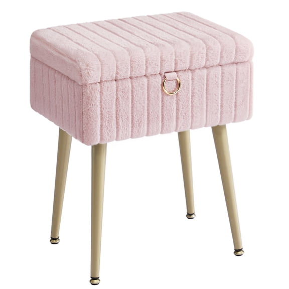 SONGMICS Vanity Stool Chair with Storage, Makeup Stool, Footrest Footstool Ottoman, Metal Legs, Adjustable Feet, for Living Room, Bedroom, Jelly Pink