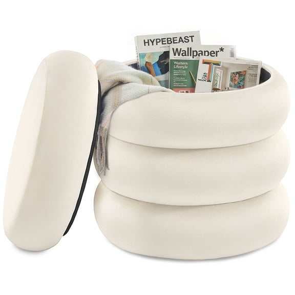 SONGMICS Vanity Stool, Round Ottoman with Storage, Upholstered Foot Stool, Removable Lid, Easy Assembly, Velvet Fabric, Cream White