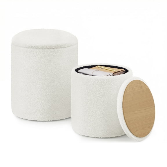 SONGMICS Vanity Stool, Set of 2, Round Storage Ottoman, Small Coffee Table, Foot Stool, Removable Lid, Easy Assembly, Teddy Fleece, Cream White