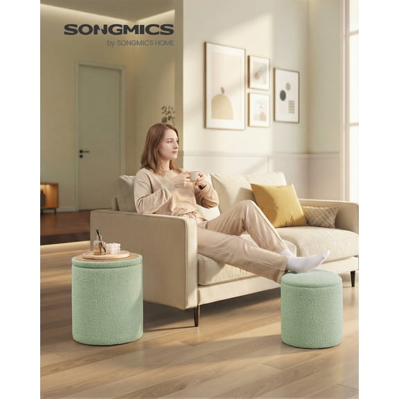 SONGMICS Vanity Stool, Set of 2, Round Storage Ottoman, Small Coffee Table, Foot Stool, Removable Lid, Easy Assembly, Teddy Fleece, Laurel Green