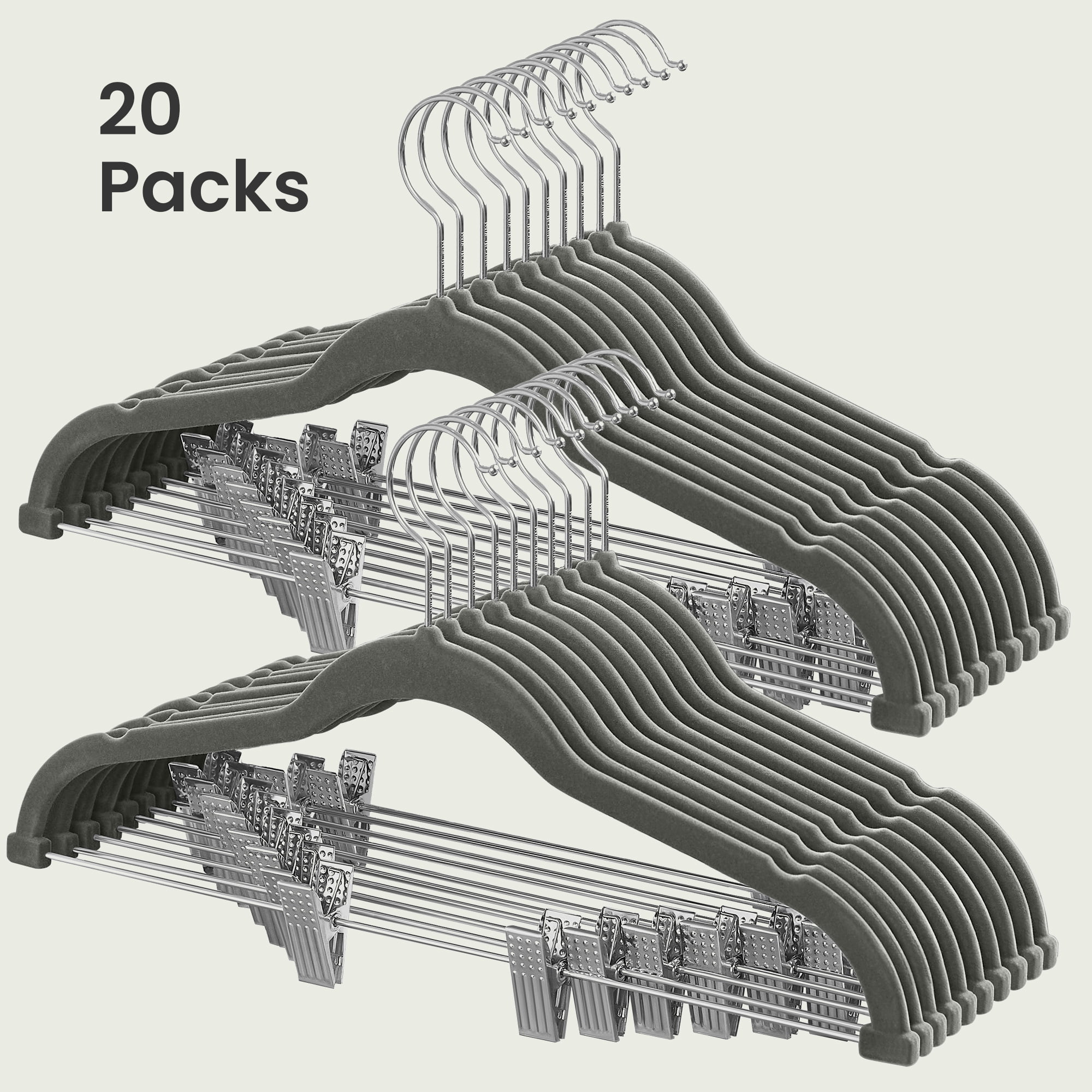 Gray Velvet Heavy-Duty Non-Slip Skirt Hangers with Adjustable Clips, 20-Pack