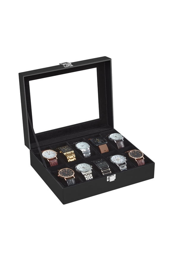 Watch Box, 10-Slot Watch Case with Large Glass Lid, Removable Watch Pillows, Watch Box Organizer, Gift for Loved Ones, Black Synthetic Leather, Black Lining