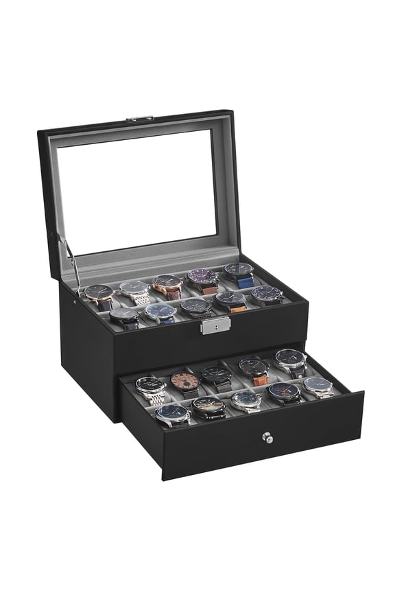 Watch Box, Watch Case with Glass Lid, 2-Tier Watch Display Case, Lockable, 1 Drawer, for Rings, Bracelets, Gift Idea, Grey Lining
