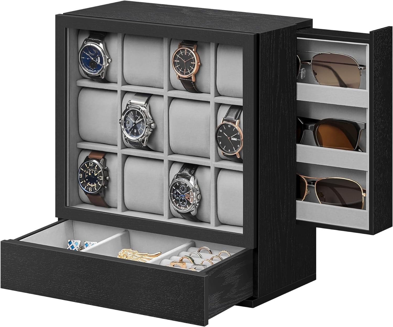 Ebony Black Solid Wood 12-Slot Men's Watch Display Case