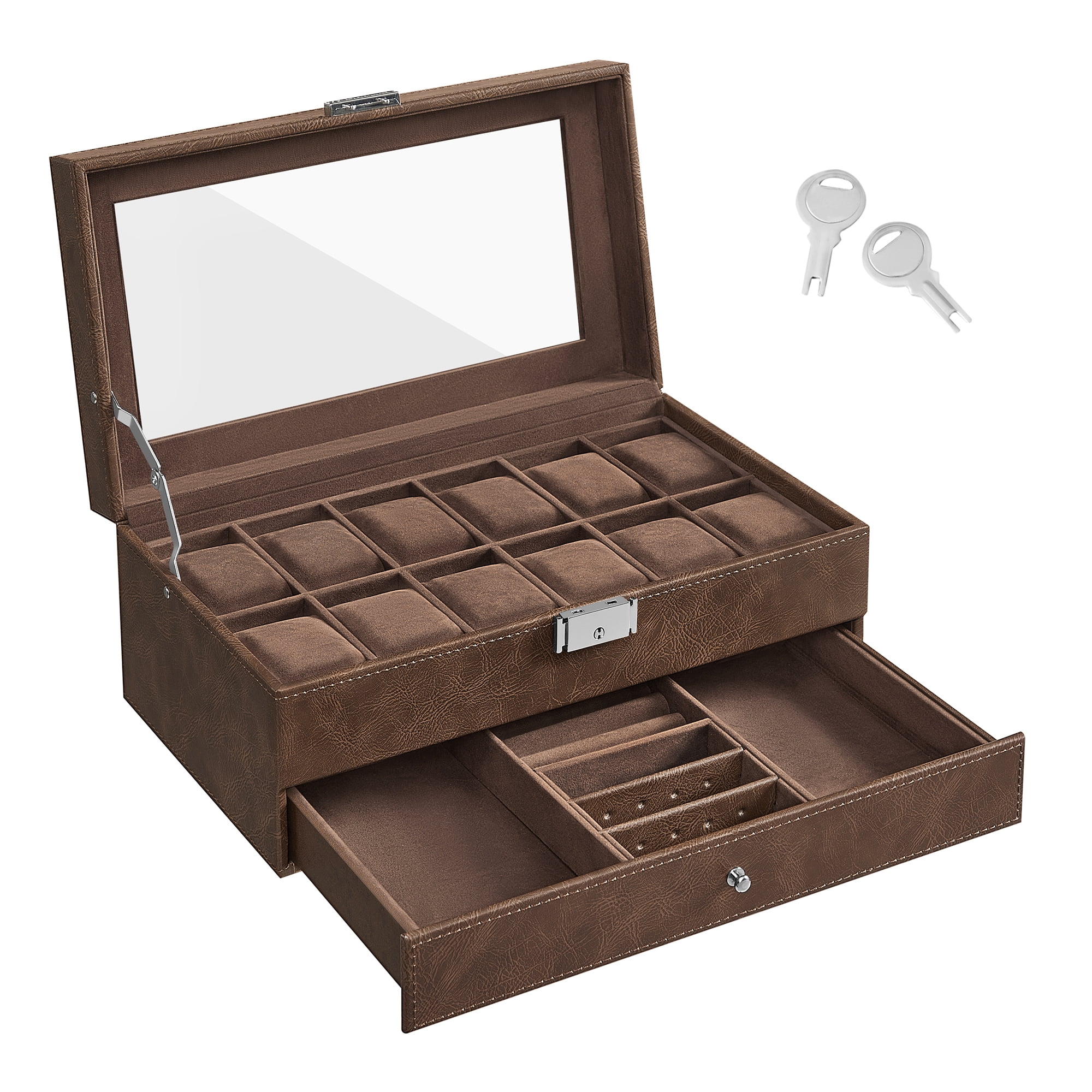 Brown Leather 12-Slot Watch Box with Glass Lid and Drawer