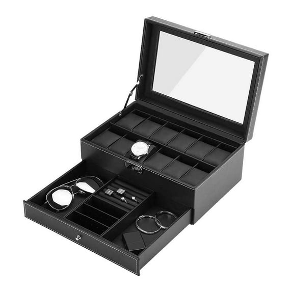 12-Slot Watch Box, 2 Layers with 1 Drawer Lockable Watch Case with Glass Lid, Black