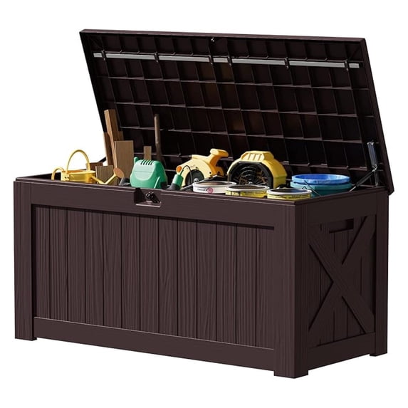 SONGMY 120 Gallon Resin Deck Box, Large Outdoor Storage Box Waterproof & Lockable for Garden, Patio, Pools (Deep Brown)