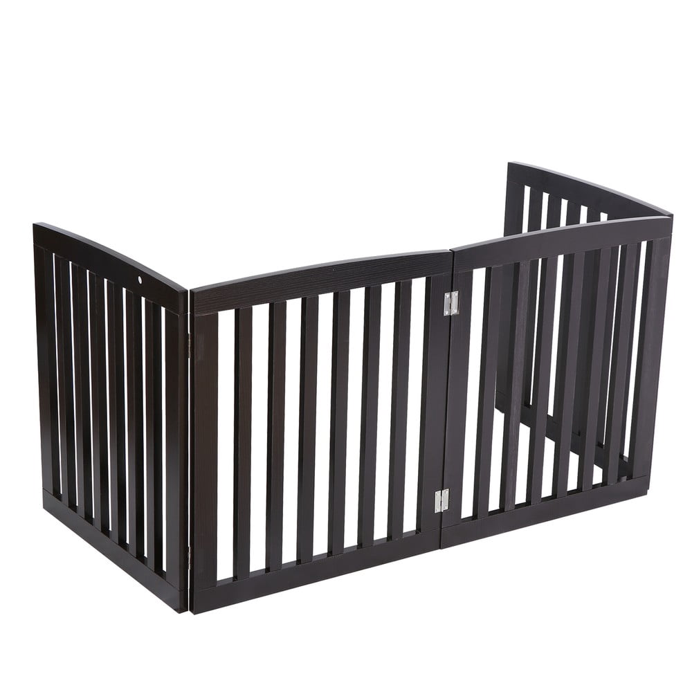 SONGMY 24" Dog Gate 4 Panels, Brown Pet Fence Baby Playpen Folding Barrier