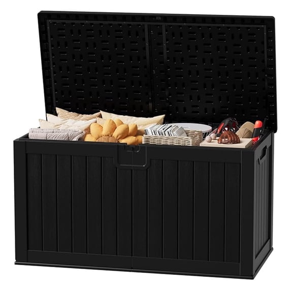 SONGMY 250 Gallon Outdoor Resin Deck Box with Divider, Waterproof Storage Box with Lockable Lid&Side Handles for Garden Tools, Pools Supplies (Black)