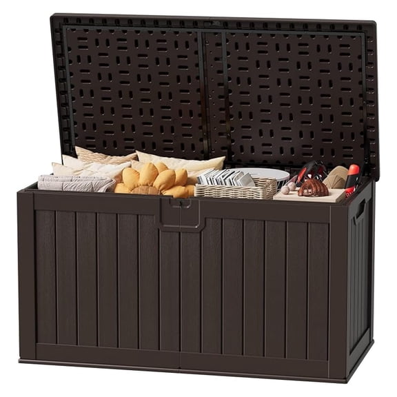 SONGMY 250 Gallon Outdoor Resin Deck Box with Divider, Waterproof Storage Box with Lockable Lid&Side Handles for Garden Tools, Pools Supplies (Brown)