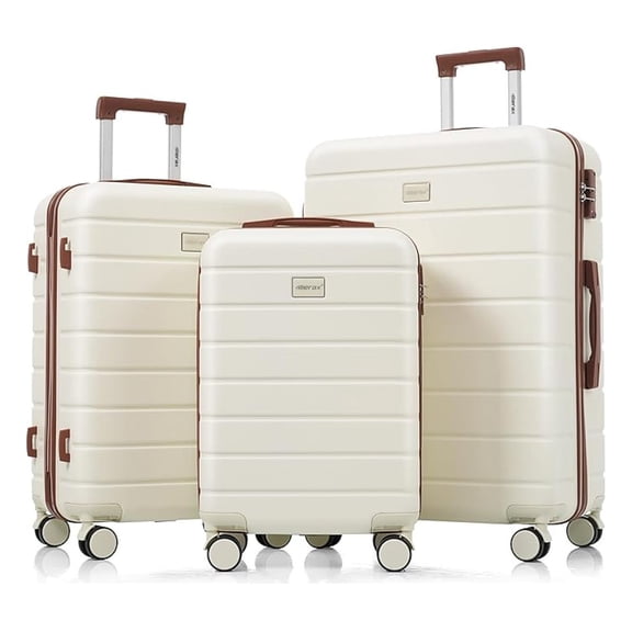 SONGMY 3 Piece Suitcase Set, Hardside Carry-on, Checked Luggage, Lock, Ivory + ABS, 20/24/28 Inch