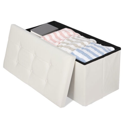 SONGMY 30-inch Beige Storage Ottoman Bench, Foldable Footrest Stool with Storage, Multi-Functional Bench for Bedroom Living Room