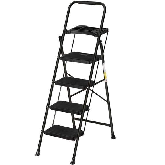 SONGMY 4 Step Ladder, Black Lightweight Folding Step Stool with Wide Anti-Slip Pedal Handgrip, Household Step Stool