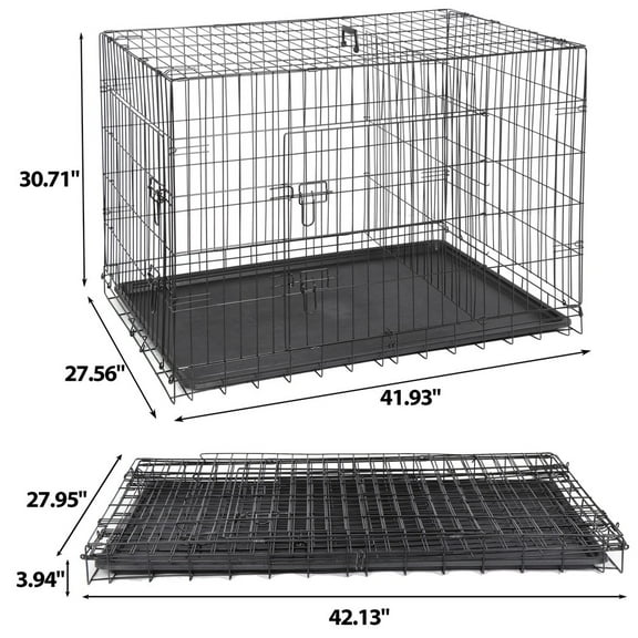 SONGMY 42" Dog Crate Kennel, Folding Metal Pet Cage with 2 Doors & Tray Pan, Black Heavy Duty Dog Crate for Large Dogs