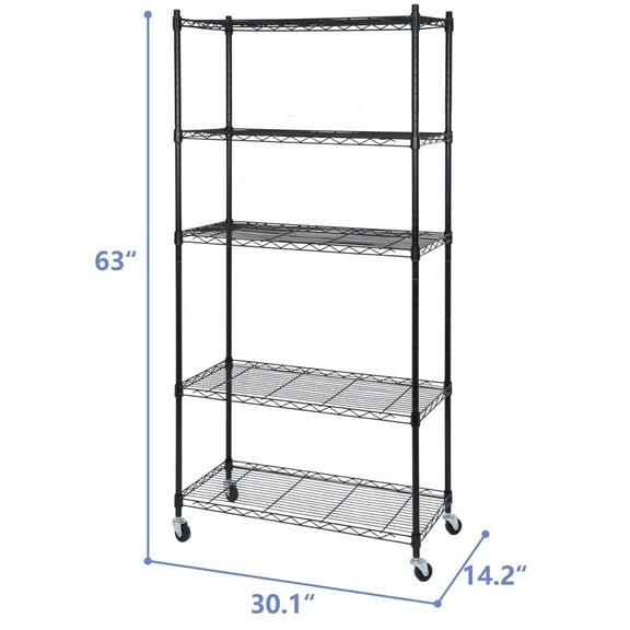 SONGMY 5 Tier Wire Shelves Rack Unit with Wheel Casters, Storage Rack for Kitchen Office Garage, Heavy Duty Metal Shelving