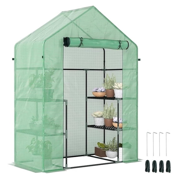 SONGMY 5' x 2.5' x 6.5' Mini Walk-in Greenhouse Kit, Portable Green House with 3 Tier Shelves, Roll-Up Door, and Weatherized PE Cover for Backyard Garden, Green