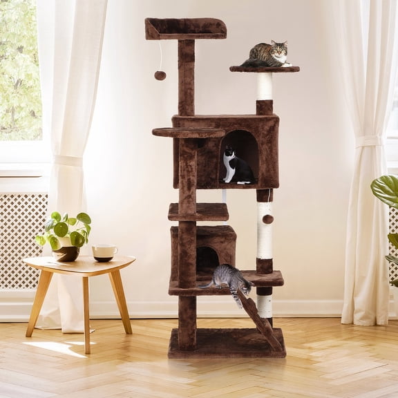 SONGMY 55" Cat Tree Tower, Brown Activity Center Large Playing House Condo, Multi-Level Cat Furniture with Scratching Posts